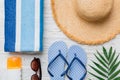 Summer vacation concept flat lay. beach accessories and towel top view. Space for text. travel concept Royalty Free Stock Photo