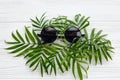 Summer vacation concept, flat lay. stylish black sunglasses on g Royalty Free Stock Photo