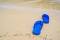 Summer vacation concept--Flipflops on a sandy ocean beach.