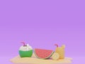 Summer vacation concept, summer fruit on colorfull background,sand beach,coconut,watermelon,pineapple,lemon Royalty Free Stock Photo