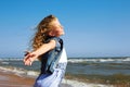 Summer vacation concept.Happy child against blue sky background