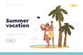 Summer vacation concept of landing page with happy couple of tourists taking selfie photo on beach