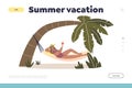 Summer vacation concept of landing page with woman relax in hammock with cocktail on tropical resort Royalty Free Stock Photo