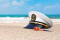 Summer Vacation Concept. Naval Officer, Admiral, Navy Ship Captain Hat with Vintage Smoking Tobacco Pipe on an Ocean Deserted