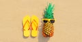 Summer vacation concept - pineapple and yellow flip flops on the beach sand background Royalty Free Stock Photo