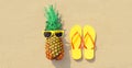 Summer vacation concept - pineapple and yellow flip flops on beach sand background Royalty Free Stock Photo