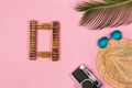 Summer vacation concept. stylish sunglasses, retro photo camera and green palm leaves on blue background Royalty Free Stock Photo