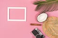 Summer vacation concept. stylish sunglasses, retro photo camera and green palm leaves on pink background, flat lay Royalty Free Stock Photo