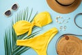 Summer vacation concept. Top view photo of hat shell bracelet earrings stylish sunglasses yellow bikini round rattan bag and palm Royalty Free Stock Photo