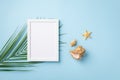 Summer vacation concept. Top view photo of white photo frame starfish shells and palm leaves on isolated pastel blue background Royalty Free Stock Photo