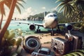 Summer vacation concept, Travel by airplane carrying travel accessories. AI generated