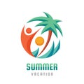 Summer vacation - creative logo template illustration. Abstract palm, human character, sea waves and sun. Travel happiness Royalty Free Stock Photo