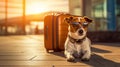 summer vacation dog in bag full of holiday items Royalty Free Stock Photo