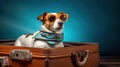 summer vacation dog in bag full of holiday items Royalty Free Stock Photo