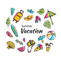 Summer vacation doodle clipart. Colored sketchy objects