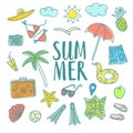 Summer vacation doodle colorful illustrations set