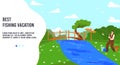 Summer vacation for fishing vector illustration, cartoon flat happy fisherman character standing on river bank with Royalty Free Stock Photo
