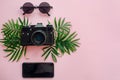 Summer vacation flat lay, space for text. stylish black photo ca Royalty Free Stock Photo