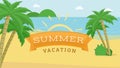 Summer vacation flat vector banner. Children camp promotion with yellow brush stroke sun symbol, logo. Summertime Royalty Free Stock Photo