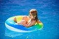 Summer vacation fun. Cute kid in swimming pool. Little child playing in blue water with floating ring.