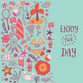 Summer vacation hand drawn vector elementss and objects, beach symbols.