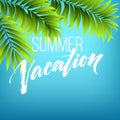 Summer vacation handwriting. Typography, lettering and calligraphy. Poster and flyer design template. Summer landscape Royalty Free Stock Photo