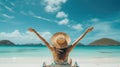 Summer vacation happy carefree joyful bikini woman arms outstretched in happiness enjoying tropical beach destination. Holiday