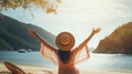 Summer vacation happy carefree joyful bikini woman arms outstretched in happiness enjoying tropical beach destination. Holiday Royalty Free Stock Photo