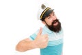 Summer vacation. Hipster beard mustache sailor hat. Captain of cruise liner. Brutal seaman isolated on white. Captain