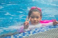 Happiness Asian cute little girl has feeling funny and enjoy in swimming pool.