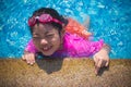 Happiness and Smiling Asian cute little girl has feeling funny and enjoy in swimming pool. Royalty Free Stock Photo