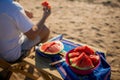 Partially Eaten Watermelon Slices. Tasty Watermelon With blue sea background.