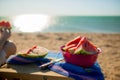 Partially Eaten Watermelon Slices. Tasty Watermelon With blue sea background.