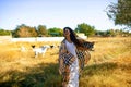 Young Happy woman Among Sheeps in the field at countryside.