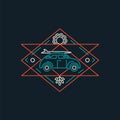 Summer retro car line art icon with surf board Royalty Free Stock Photo