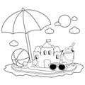 Summer vacation island with beach umbrella, a sandcastle and other beach toys. Vector black and white coloring page.