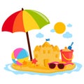 Summer vacation island with a beach umbrella and a sandcastle. Vector illustration