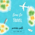 Summer vacation. The islands, ships and plane. Time to travel. Summer sale. Up to 50 off. Vector illustration - Vector Royalty Free Stock Photo