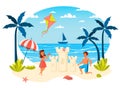 Summer vacation isolated scene. Girl and boy building sand castle Royalty Free Stock Photo