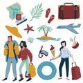 Summer vacation items, traveling people, couple and woman