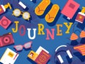 Summer vacation journey, vector illustration. Typography poster with travel icons in flat style. Packing for summer trip Royalty Free Stock Photo