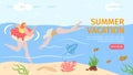 Summer vacation landing page, sea swimming, outdoor activity and rest on beach, vector illustration. Woman swim, dive in