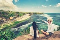 Happy loving couple in love enjoy honeymoon on tropical beach on background nature landscape Royalty Free Stock Photo