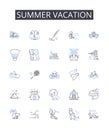 Summer vacation line icons collection. Beach holiday, Winter break, Spring retreat, Tropical getaway, Mountain escape Royalty Free Stock Photo