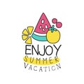 Summer vacation logo with abstract fruits. Kids drawing style. Colorful line emblem. Doodle element for holiday party Royalty Free Stock Photo
