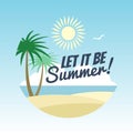 Summer vacation logo design - rest background with palms and summer sign