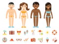 Summer vacation male female characters color beach resort accessorize vector symbols icon flat design template Royalty Free Stock Photo