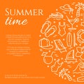 Summer vacation orange banner with thin line elements and copy space. Royalty Free Stock Photo