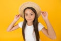 Summer vacation outfit. Ready to relax. Teen girl summer fashion. Little beauty in straw hat. Beach style for kids Royalty Free Stock Photo