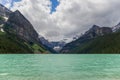 Lake Louise, Banff National Park, Alberta, Canada. Rocky Mountain. landscape panorama - forest, scenic blue lake. Royalty Free Stock Photo